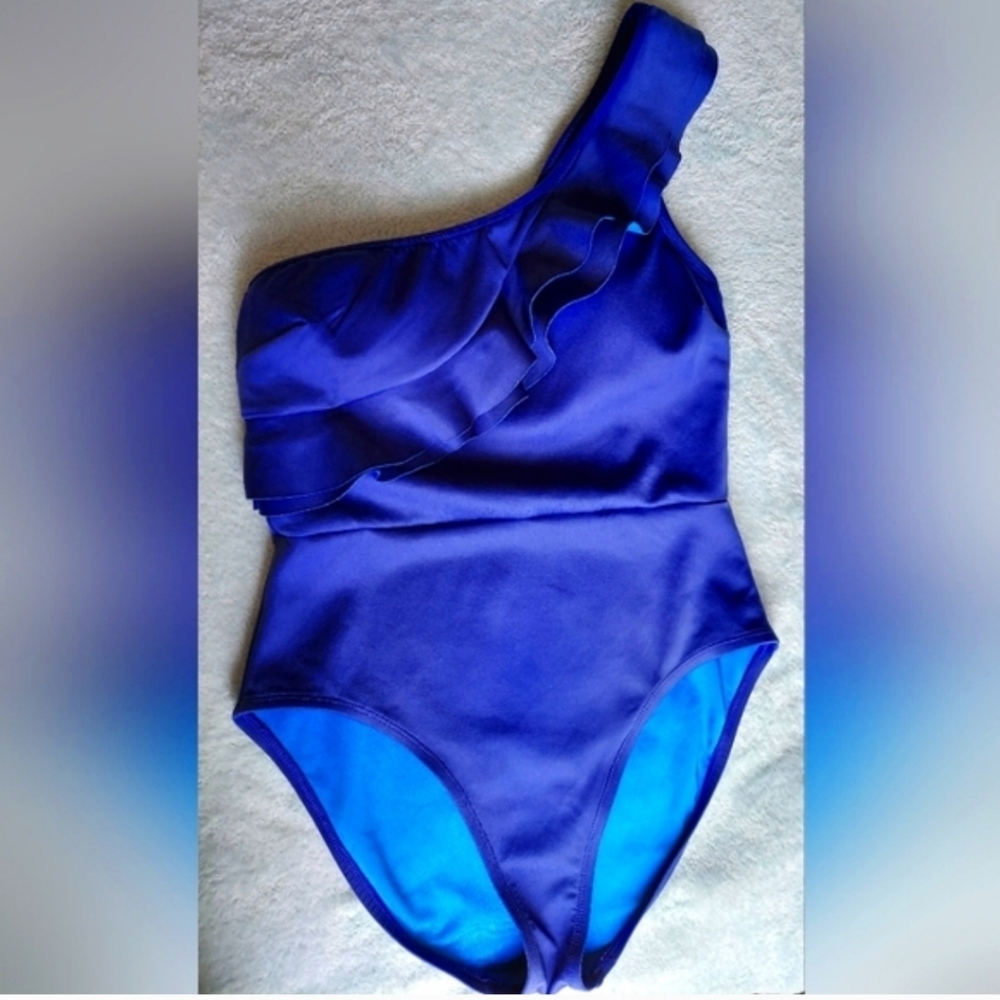 Kenneth Cole  Asymmetrical Swimsuit w Support, Blue, Size Large, VGUC! - Picture 2 of 10